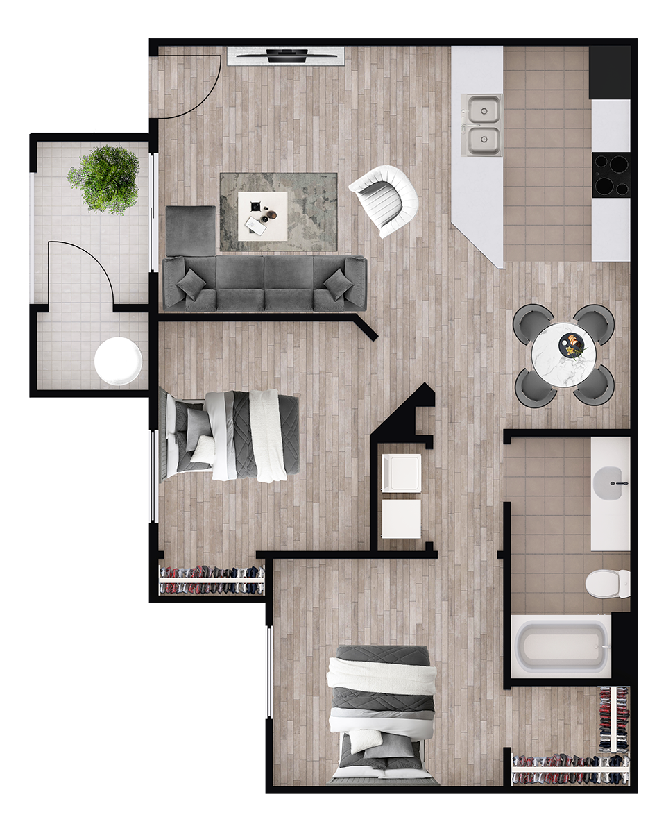 Floor plan for 2 beds, 1 bath, 882 sqft
